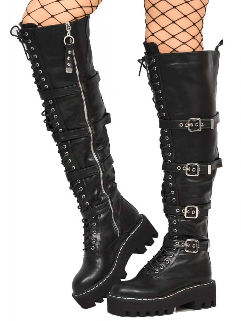 Lamoda Black Knee High Combat Boots with Buckle Straps